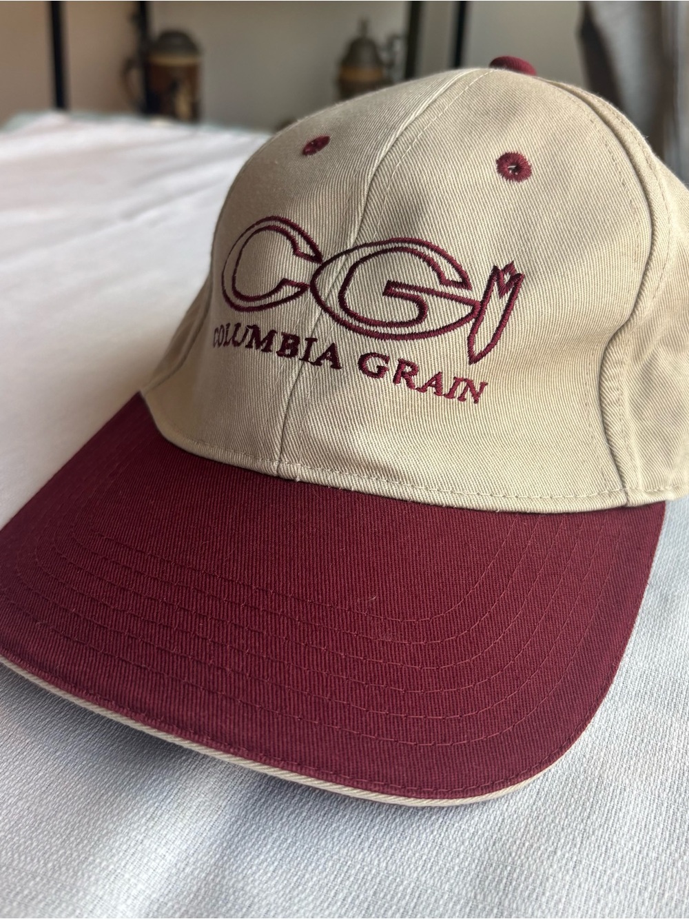 Columbia Grain CG Logo Bryan Custom Caps Hat Tan Maroon Adjustable Vintage